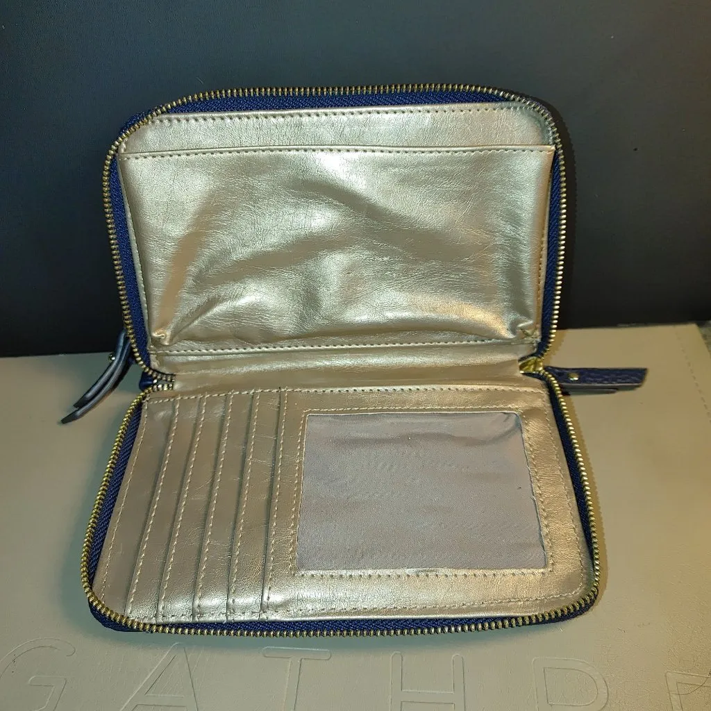 Anne Kline Blue Leather Zip Wallet Gold Lion Medallion Double Compartments - Image 8