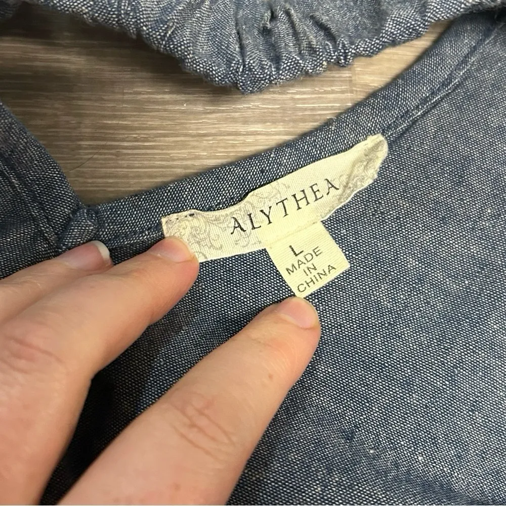 Alythea Chambray Ruffle Linen Sundress Blue Sleeveless Dress Women’s Large - Image 2