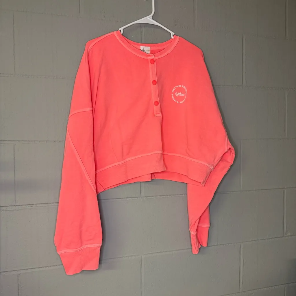 OFFLINE By Aerie Neon Coral Cropped Snap Crewneck Sweatshirt Women’s Size XL - Image 3