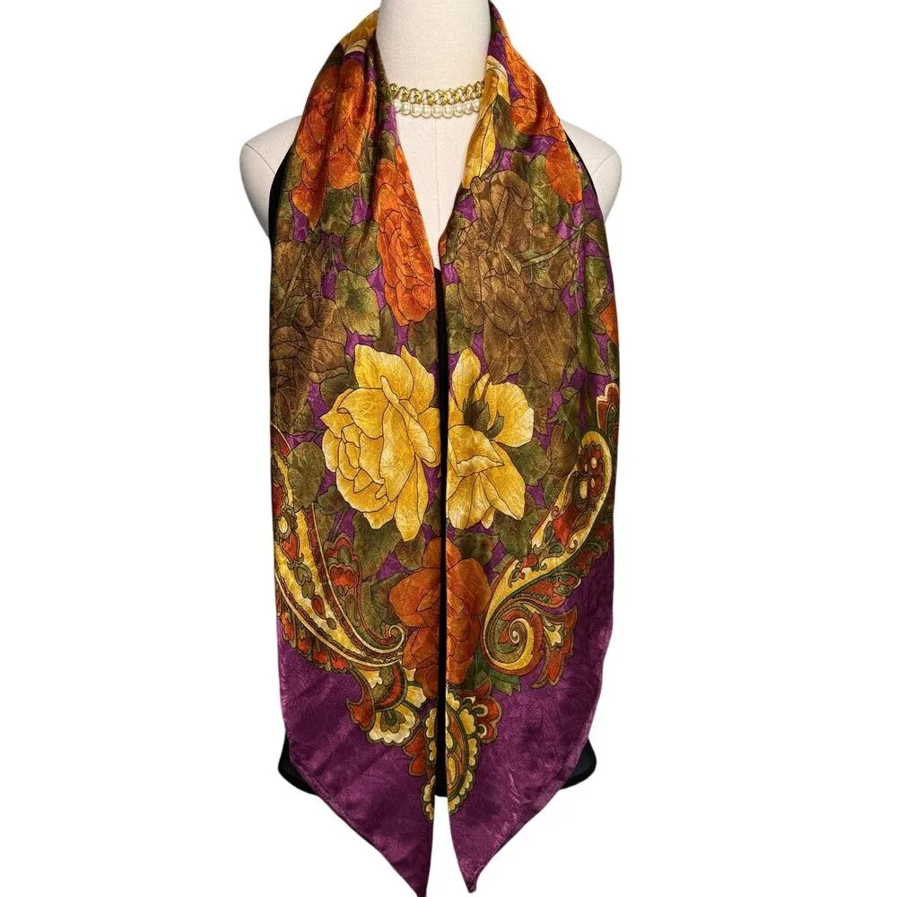 Vintage Worthington XL Italian jacquard satin paisley floral scarf wrap 46” sq Purple - Image 2