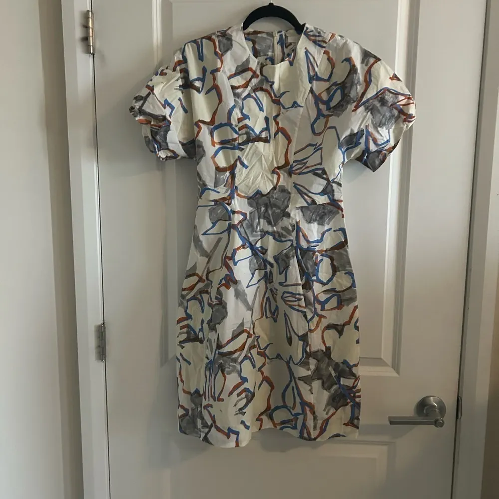 COS Women Size 4 Dress Printed Draped Sleeved Geometric Floral Print Blu… - Image 2