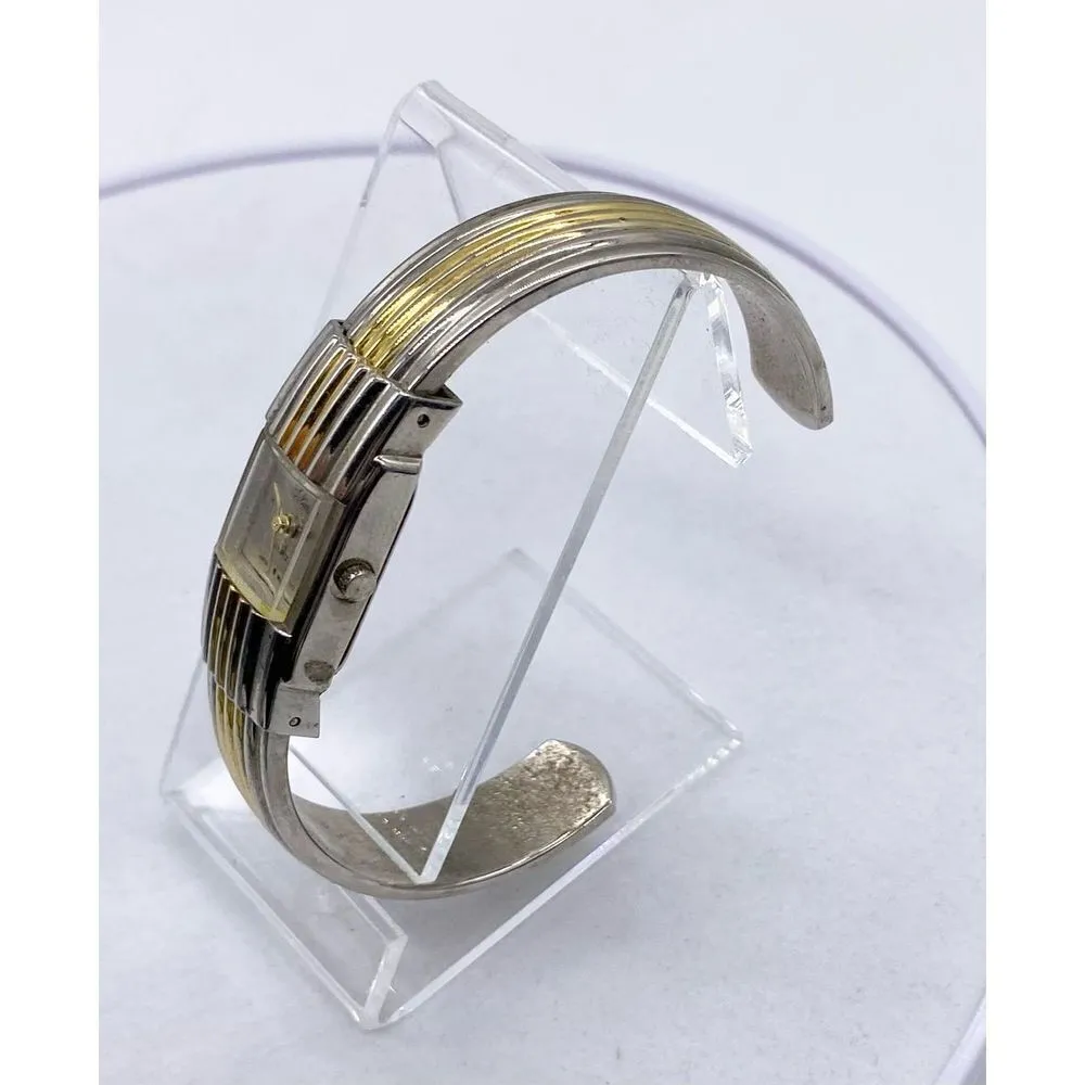 Solina Watch Women Gold Silver Dual Tone Square Open Cuff Band New Battery Gold - Image 2