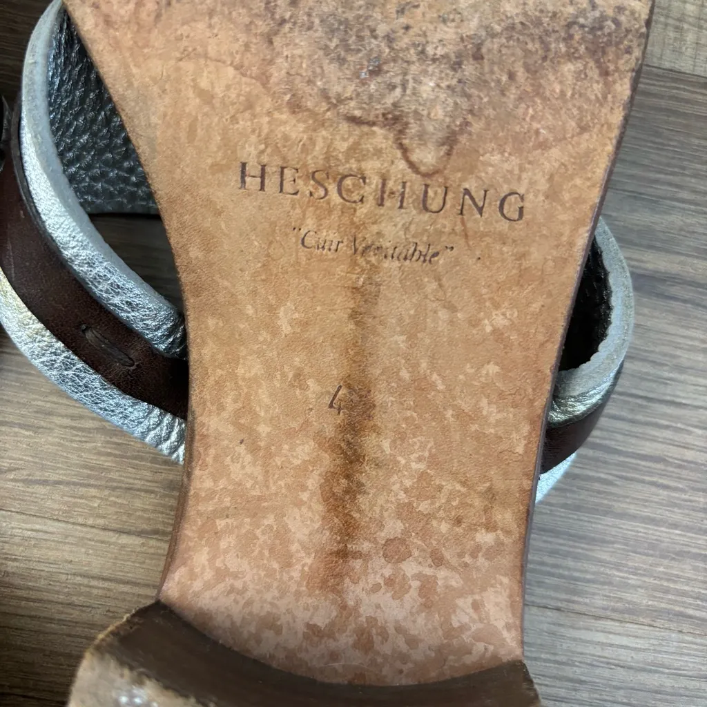 Heschung France Leather Thong Square Toe Block Heel Sandals Brown Size 6 - Image 6