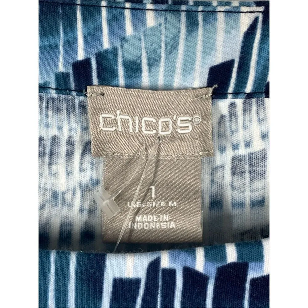 Chico's Women's Bell Sleeve Petite Cool-Toned Wave-Print Top Blue Medium NWOT - Image 2