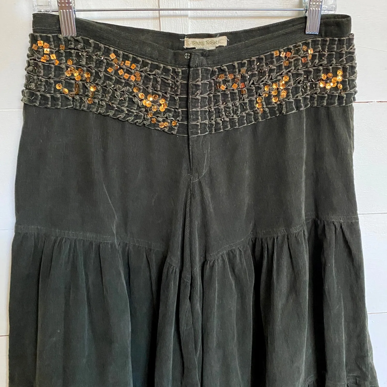 Sans Souci Women's Green Exaggerated Wide Leg Harem Pants Sequin Waistband - S - Image 2