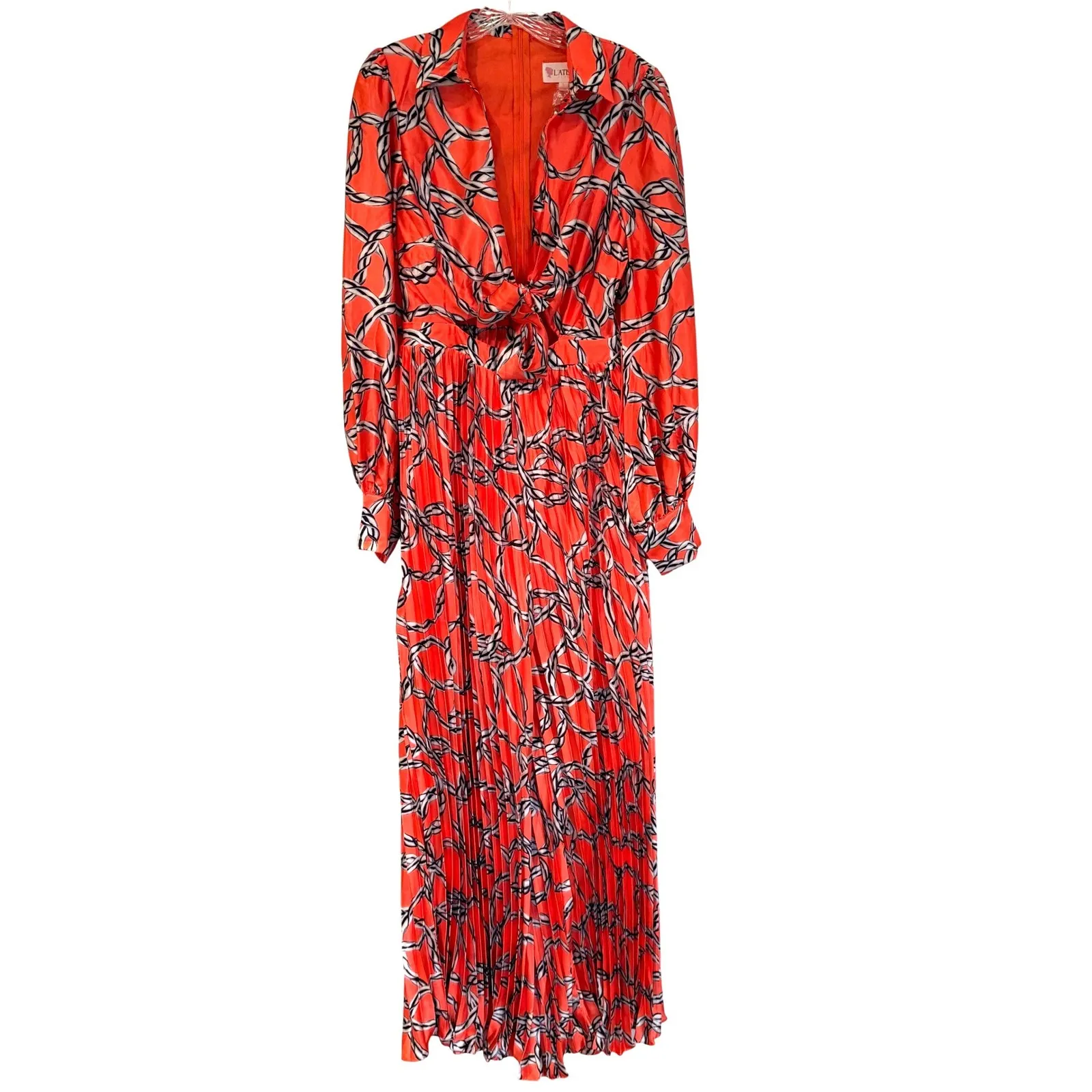 L'ATISTE Balloon Sleeve Pleated Wide Leg Jumpsuit Tie Front Women's Large Orange - Image 5