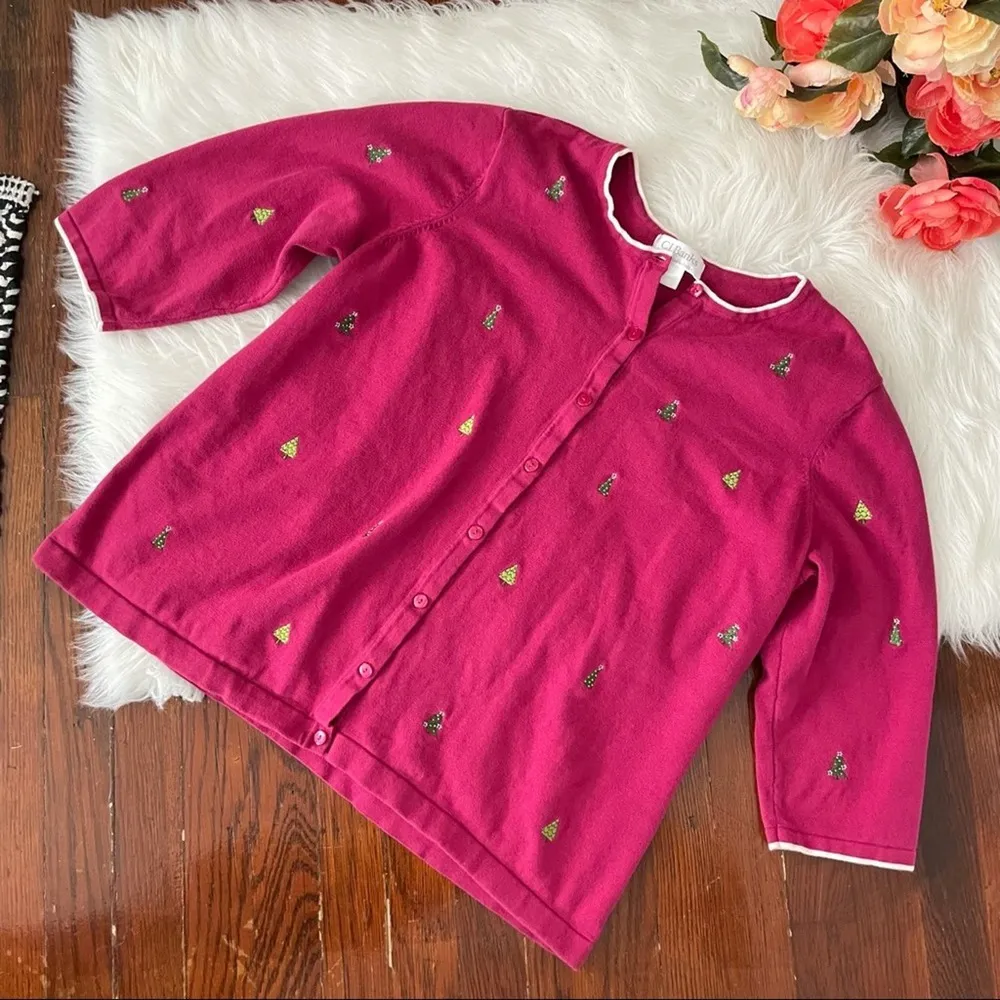 Vintage Christmas Sweater Pink Burgundy Fine Knit Embroidered Trees size 1x - Image 5