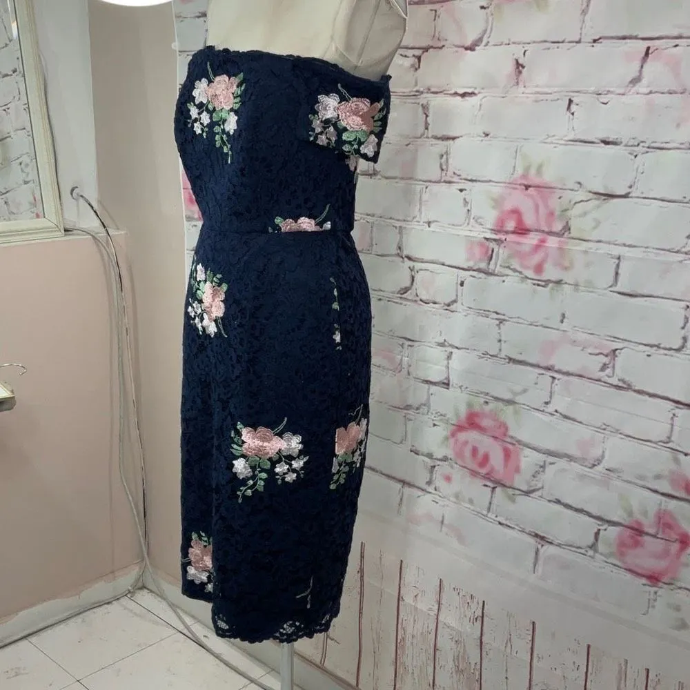 Nicole Miller Women's Strapless Laced Floral Off The Shoulder Midi Dress Navy 6 - Image 6