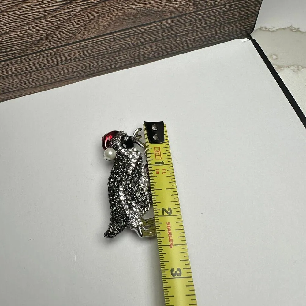 Penguin Bird In Santa Hat Rhinestone & Enamel Christmas Holiday Brooch Pin Silver - Image 7