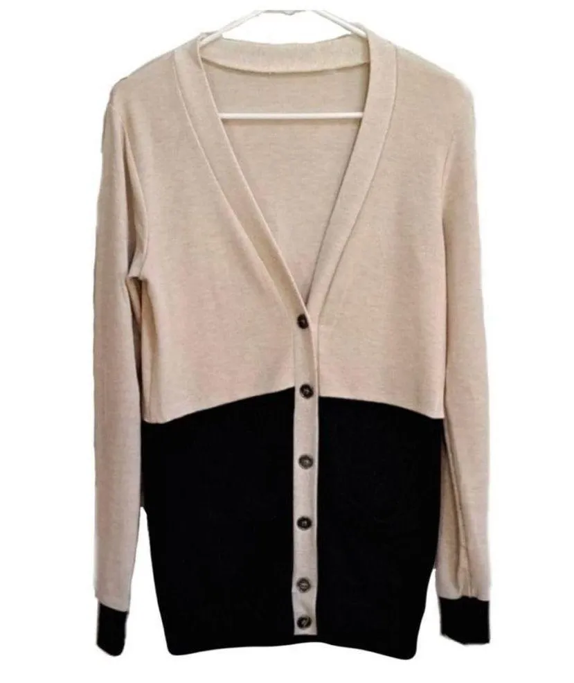 Color Block Button Front Lightweight Cardigan Sweater Sz Sm Women’s Black & Tan - Image 5
