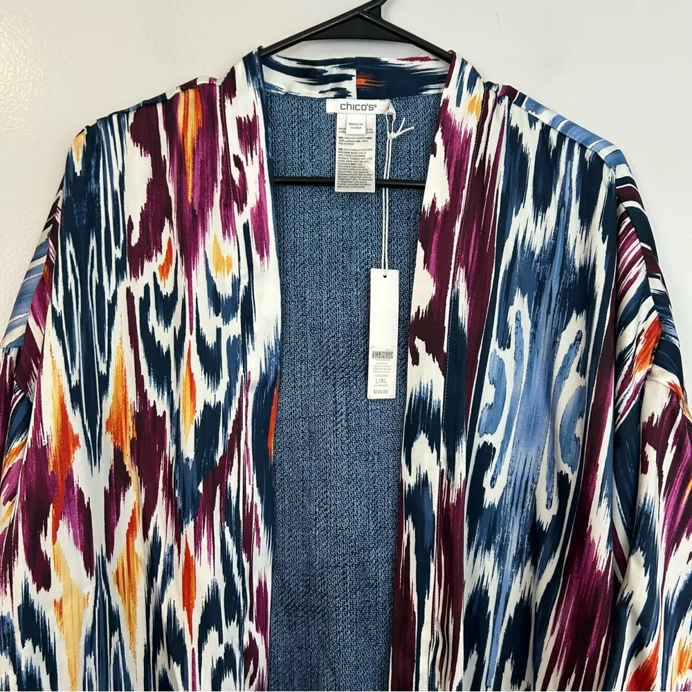 NWT Chico's Prized Ikat Drama Kimono Covering Ruana Kimono Midevil Blue L/XL - Image 3