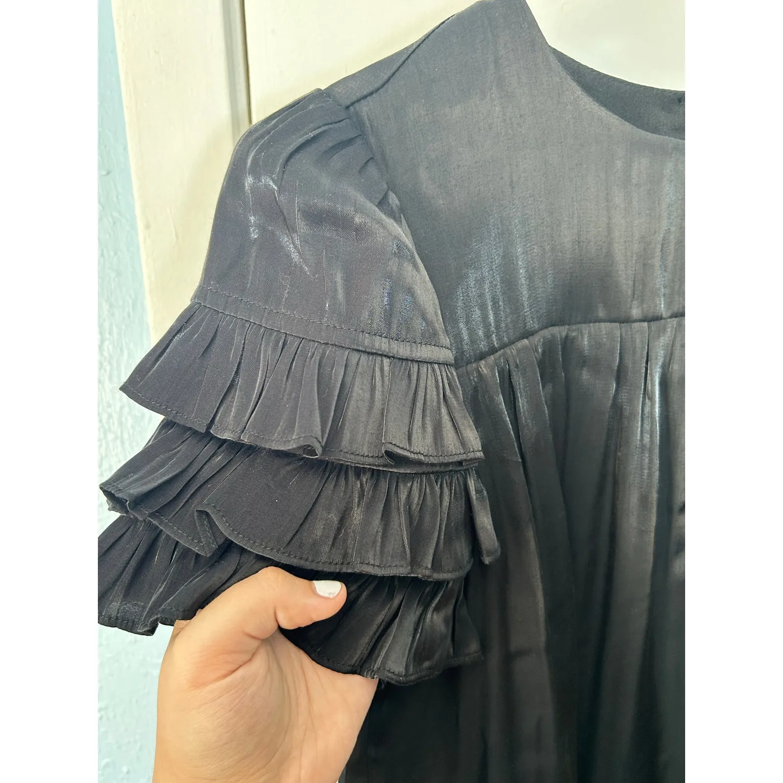 Pinch Mini Dress Small Black Satin Ruffled Sleeve Wedding Guest Whimsigoth - Image 4