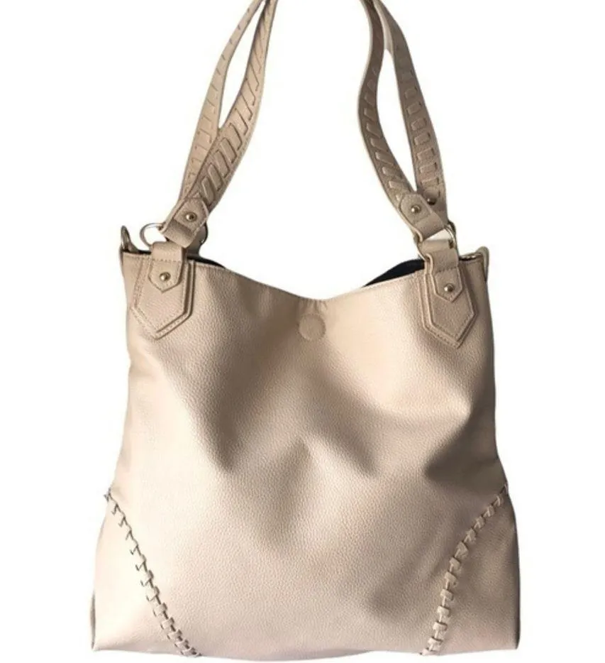 Women Large Nude Leather Tote Bag With Snap Closure - Image 2