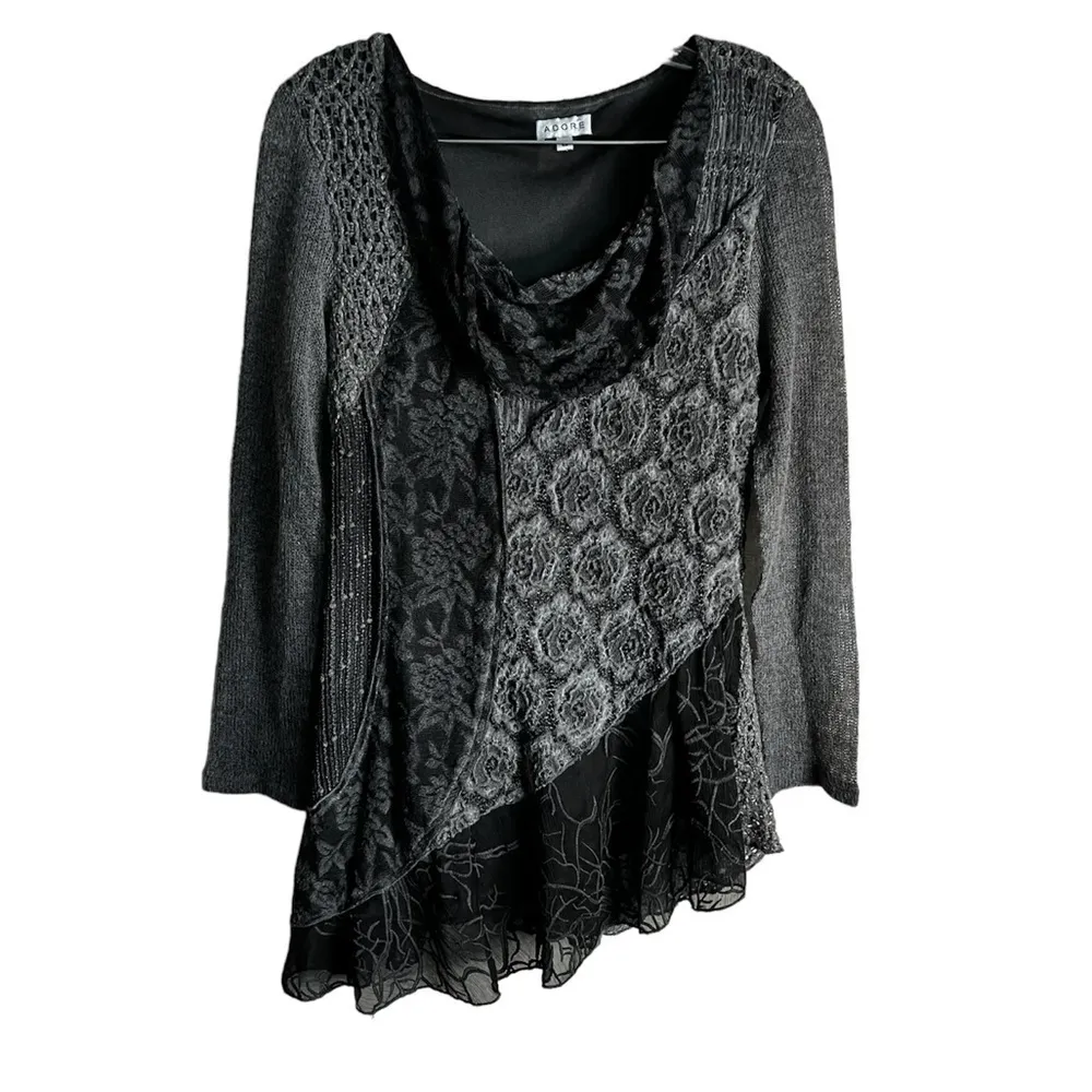 Adore‎ Black Gray Mixed Textiles Lagonlook Asymmetrical Floral Tunic Top - Image 2