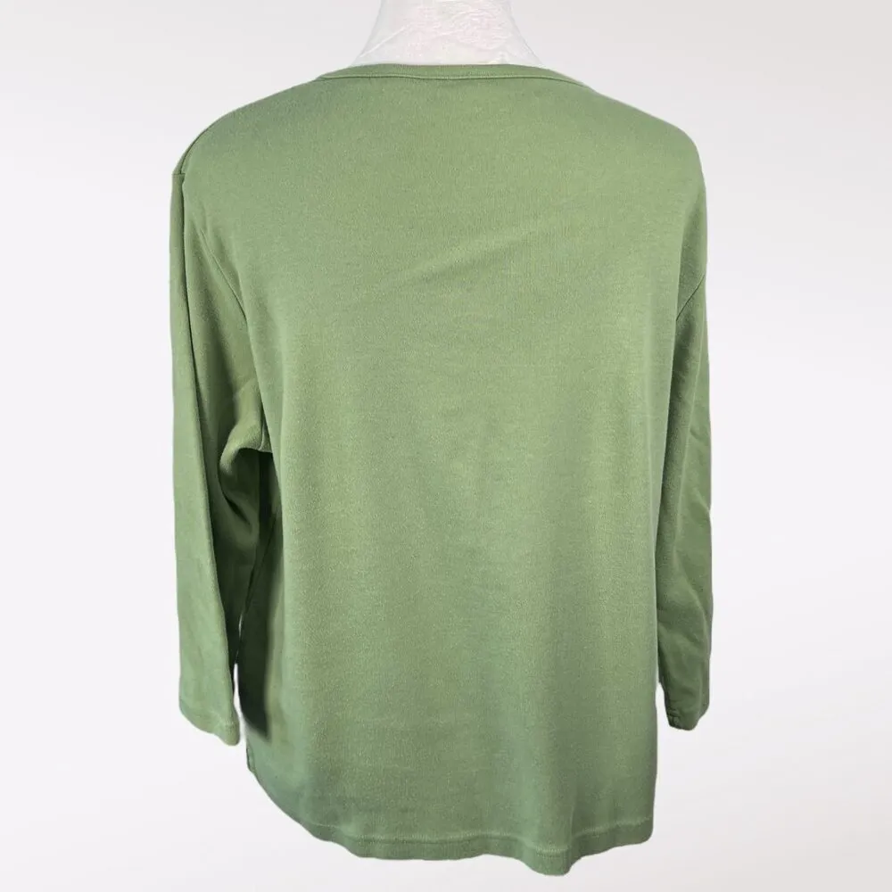 Classic Elements Sage Green Embroidered Floral 3/4 Sleeve Top Large - Image 5