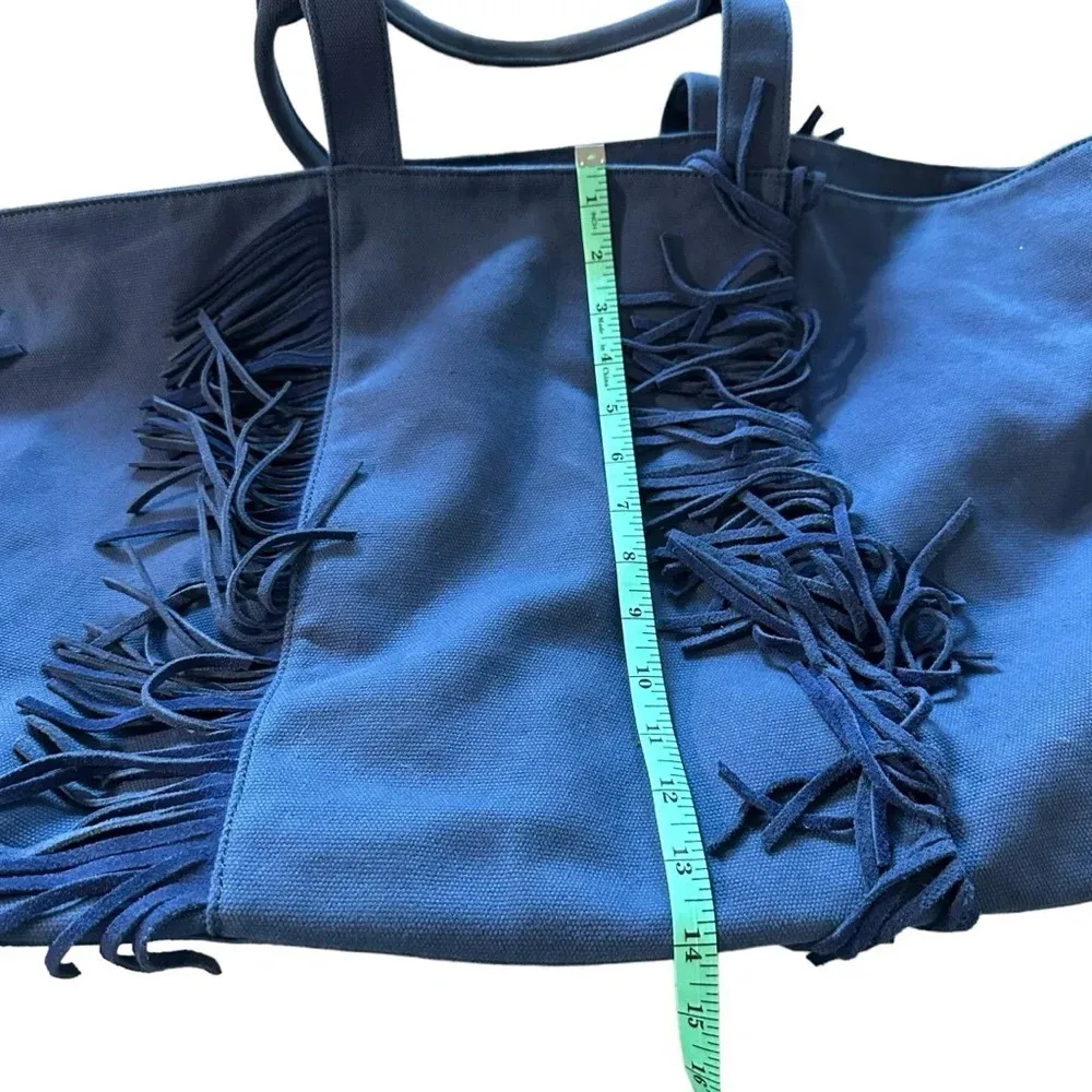 Large Cavas navy blue tote bag with fringe - Image 5