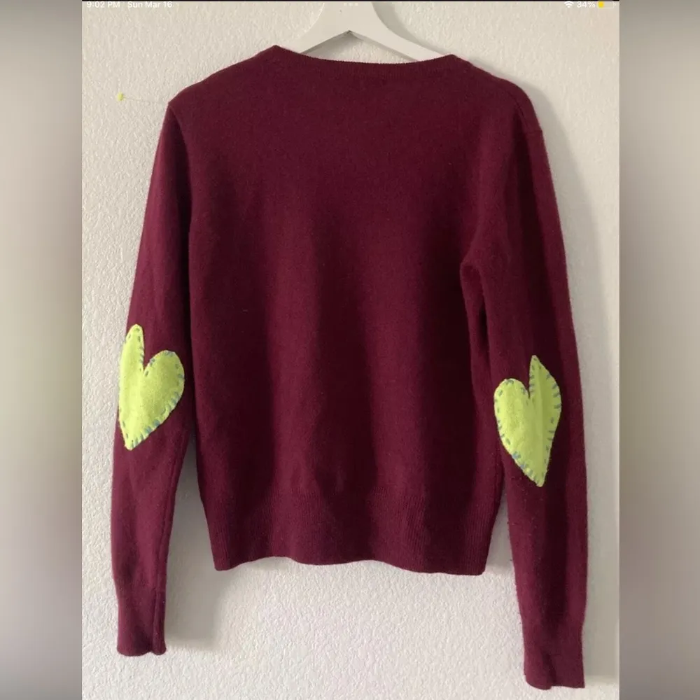 KERRI ROSENTHAL Women Cashmere Burgundy Sweater S Green Heart Elbow Patches Red - Image 2