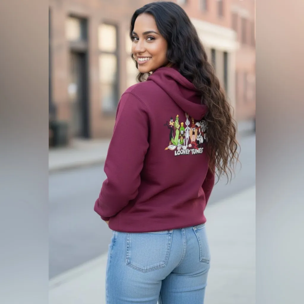 Looney Tunes Hoodie S/M (Fits Loose) | Bugs Bunny Daffy Taz | Cartoon Sweatshirt Red - Image 4