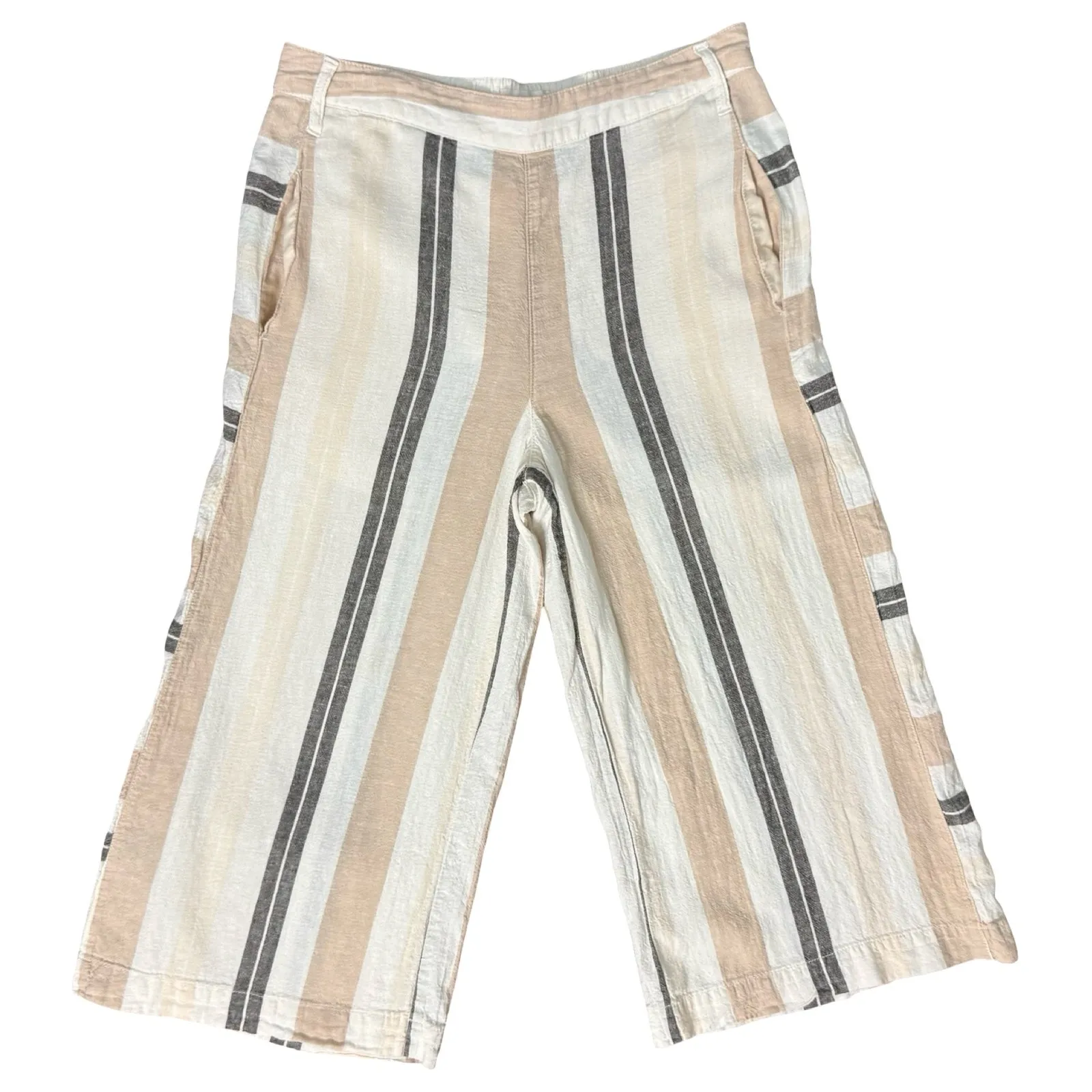 Anthropologie Beige Black White Neutral Stripe Linen Blend Wide Leg Pants size M - Image 2
