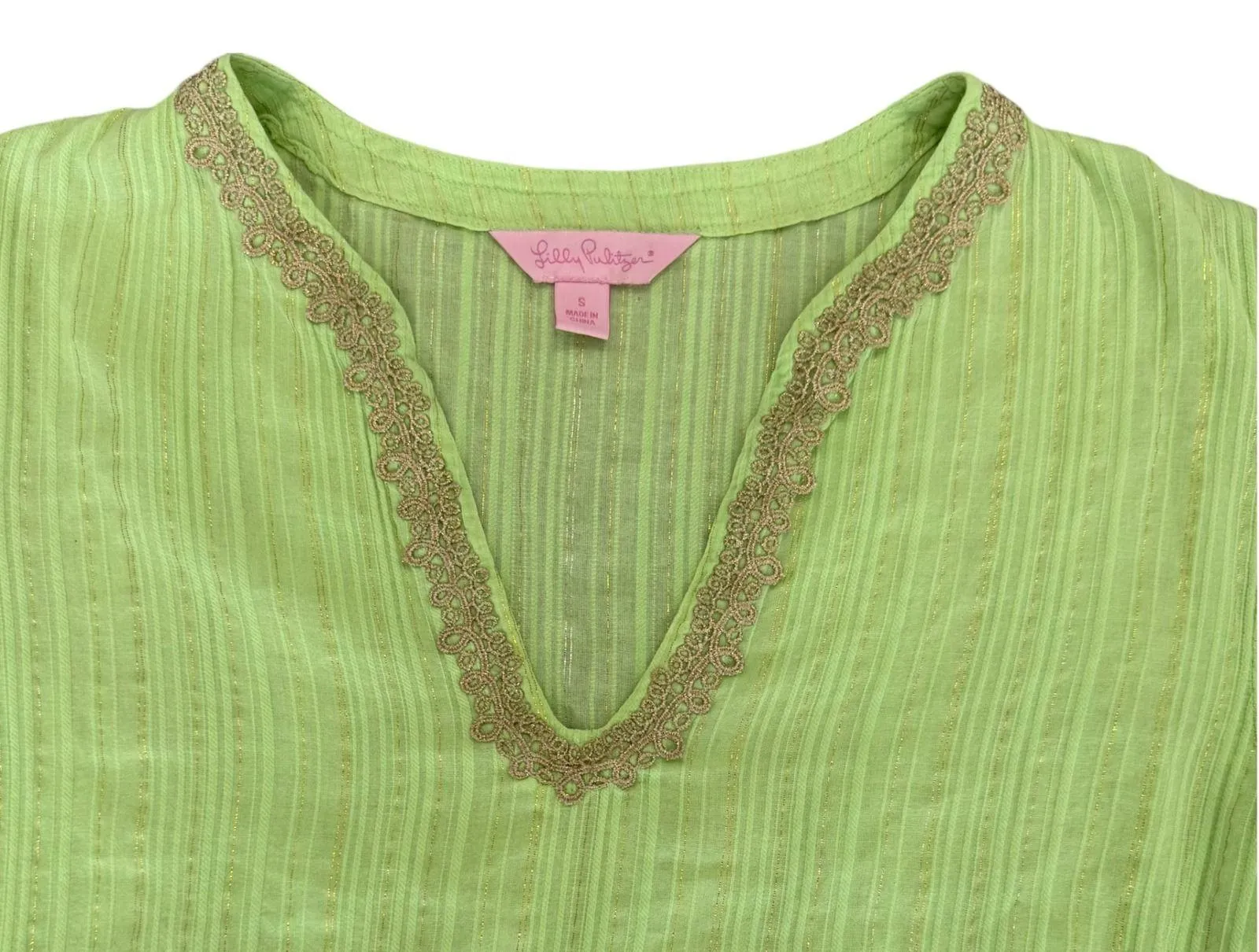 Lilly Pulitzer Esme Lurex Crinkle Green Tunic Crepe Dress Gold 3/4 Sleeve Size S - Image 2