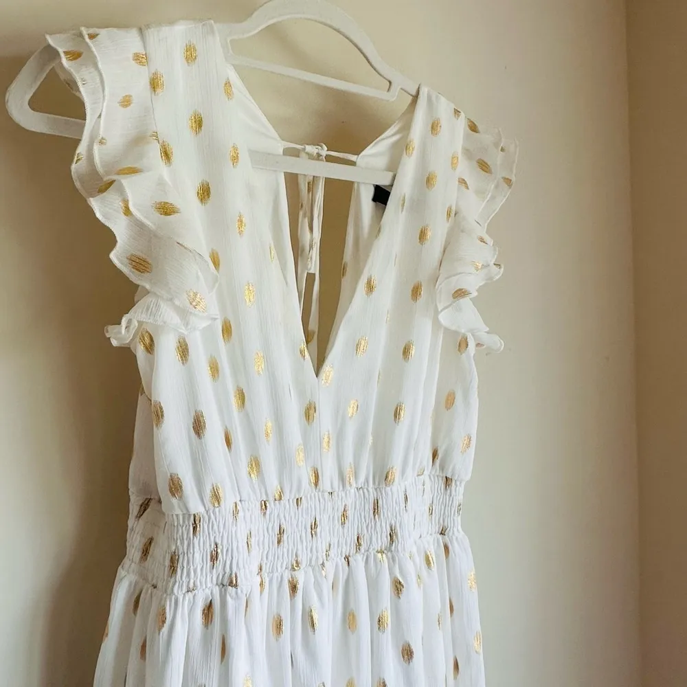 Lulus Cause to Celebrate White and Gold Dot Ruffled Tiered Midi Dress - Size XS - Image 8