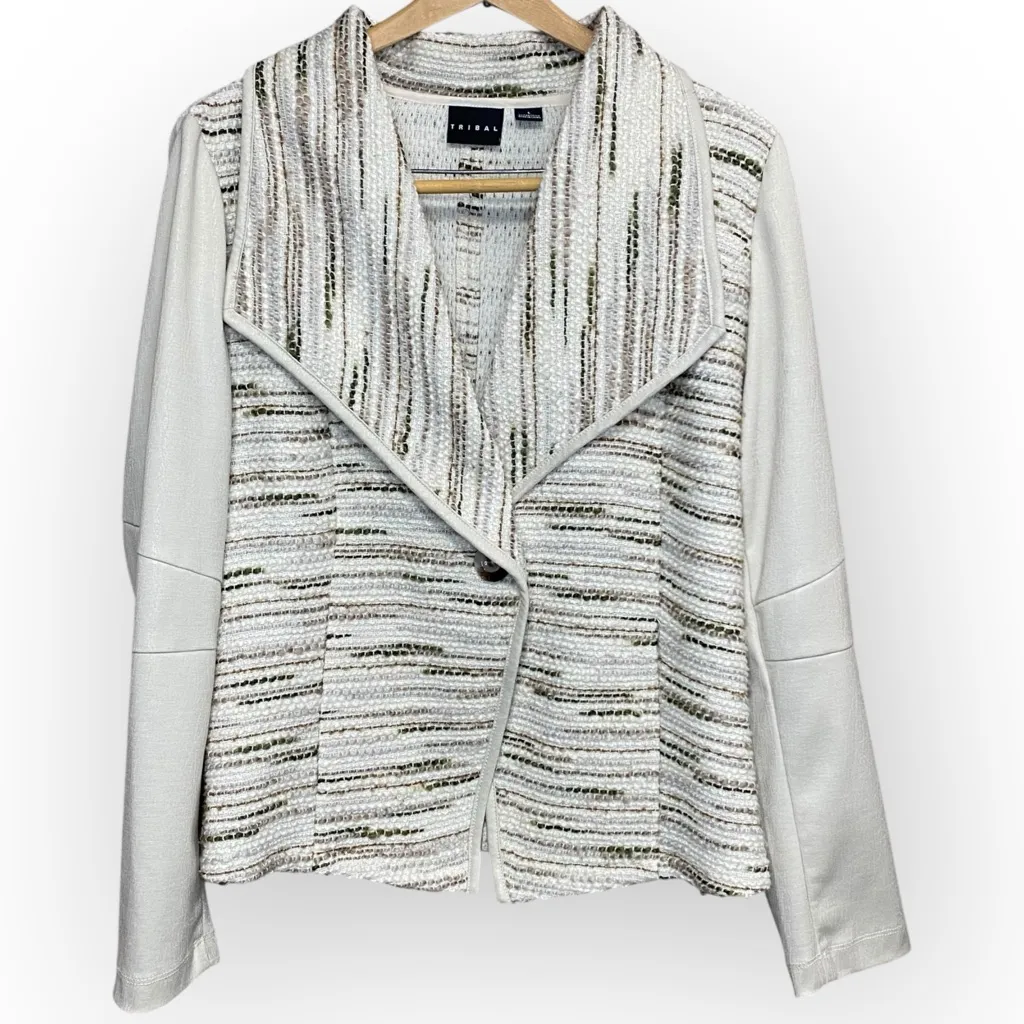 Tribal Large Button Front Cardigan Sweater Jacket Beige Cream Stripe Knit Moto Tan - Image 2