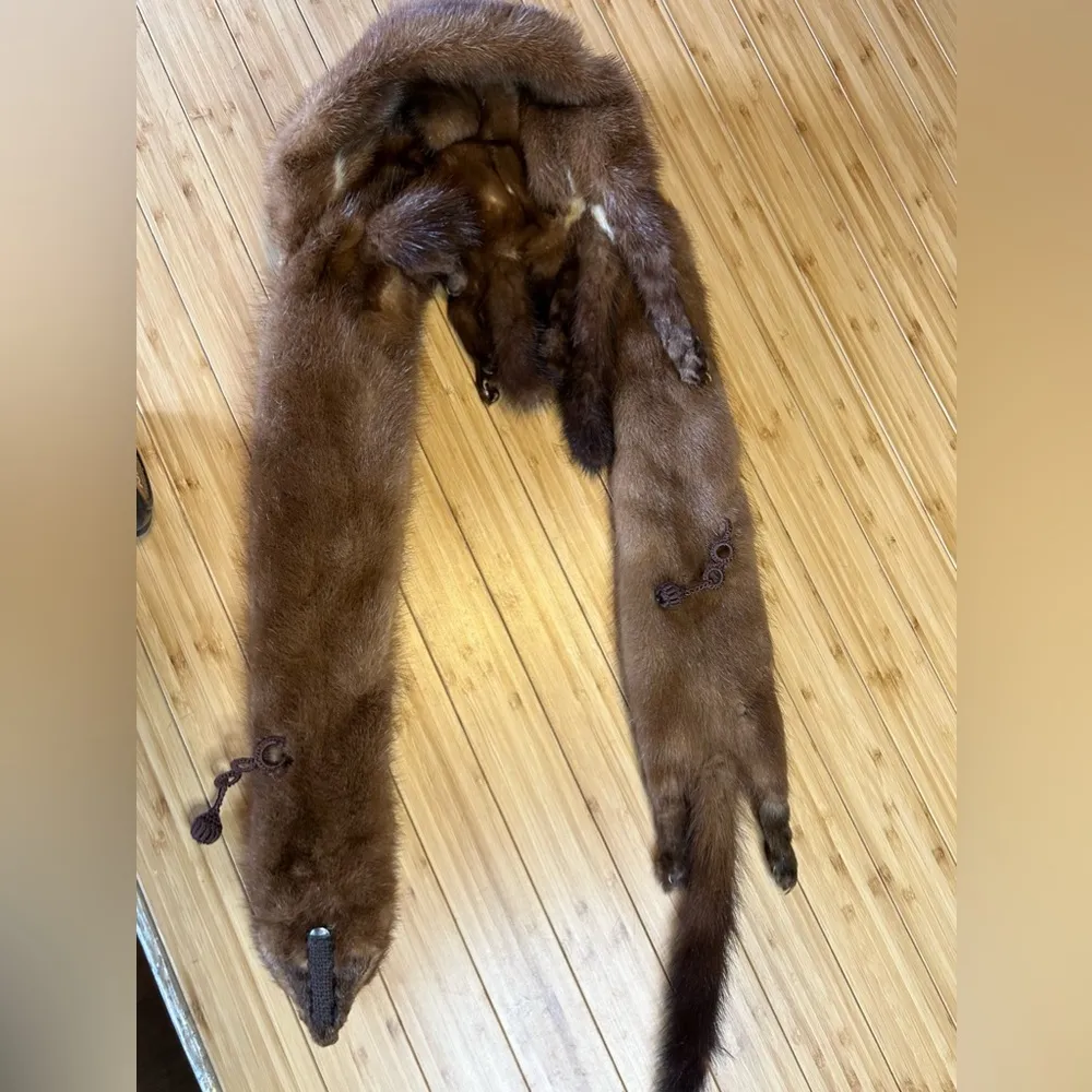 Vintage 4 Mink Fur Complete Body Pelt Scarf Brown - Image 8