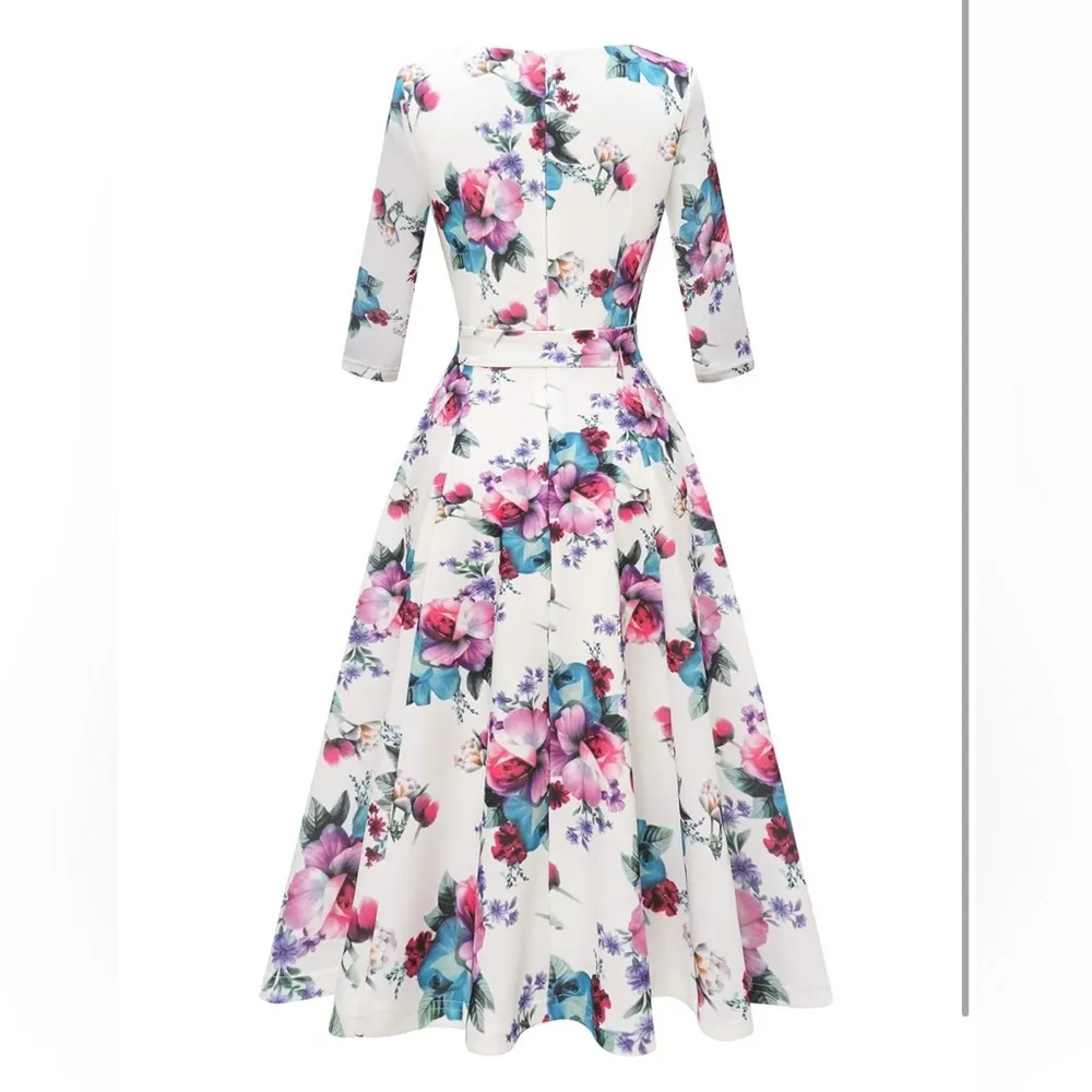 Floral Fit & Flare Midi Dress Romantic Cottagecore Garden Party Spring Feminine White Size XS - Image 2