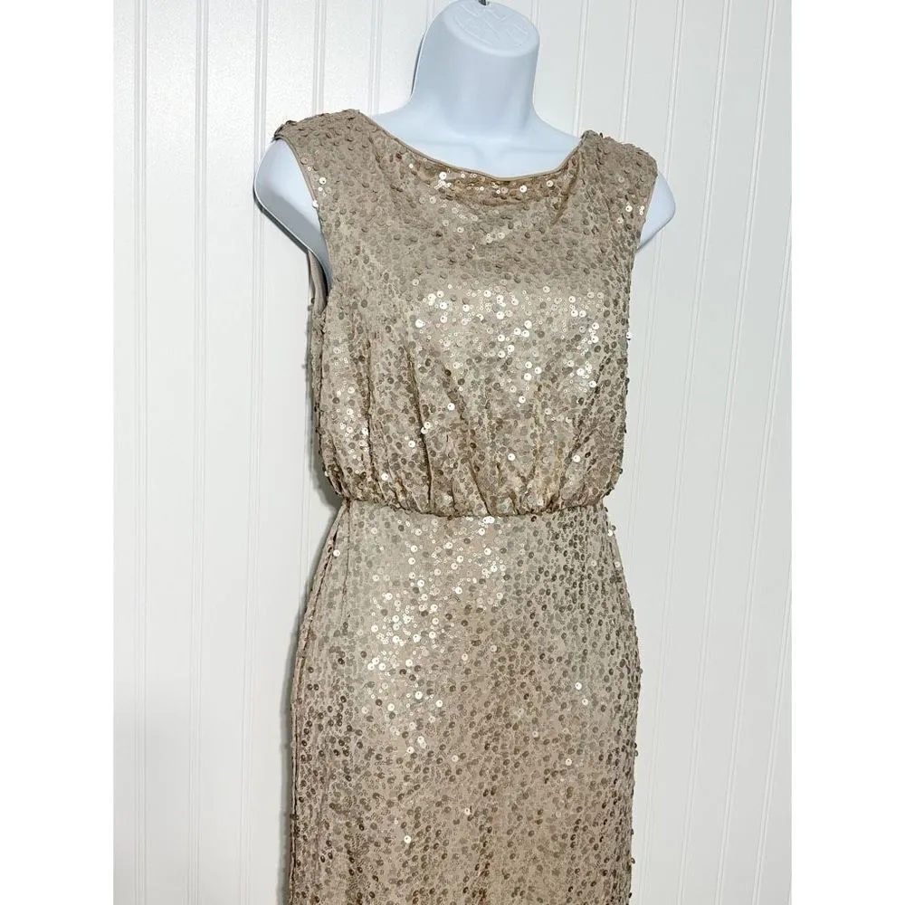 David’s Bridal Long Sequin‎ Sheath Blouson Maxi Dress Gown Cap Sleeves Gold XS - Image 5