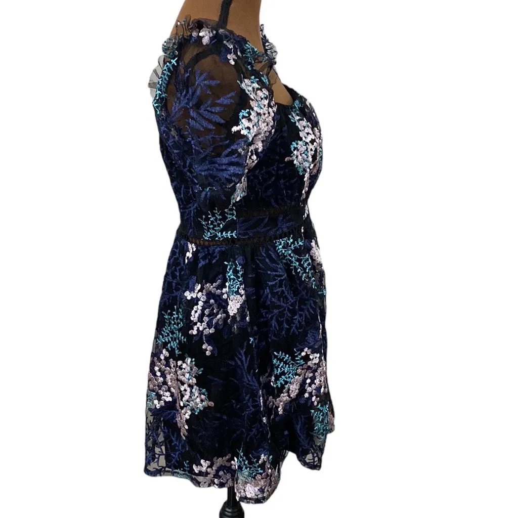Lulus Radiant Love Black Multi Embroidered Short Sleeve Skater Floral Dress sz S - Image 4
