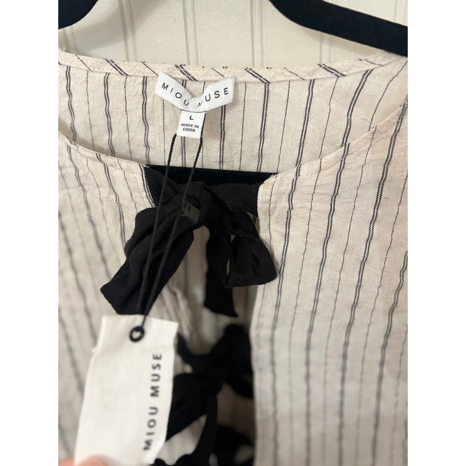 Miou Muse Striped Lace Up Peplum Blouse Top Women's Large Beige Black Bow Detail Tan - Image 3