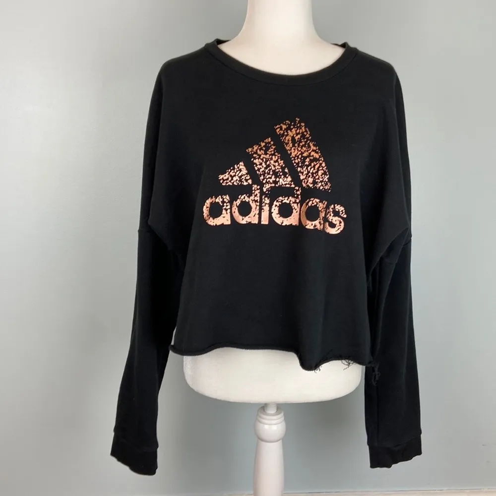 Adidas Graphic Cropped Crewneck Sweatshirt Gold Foil Logo Size XL Raw Hemline - Image 2