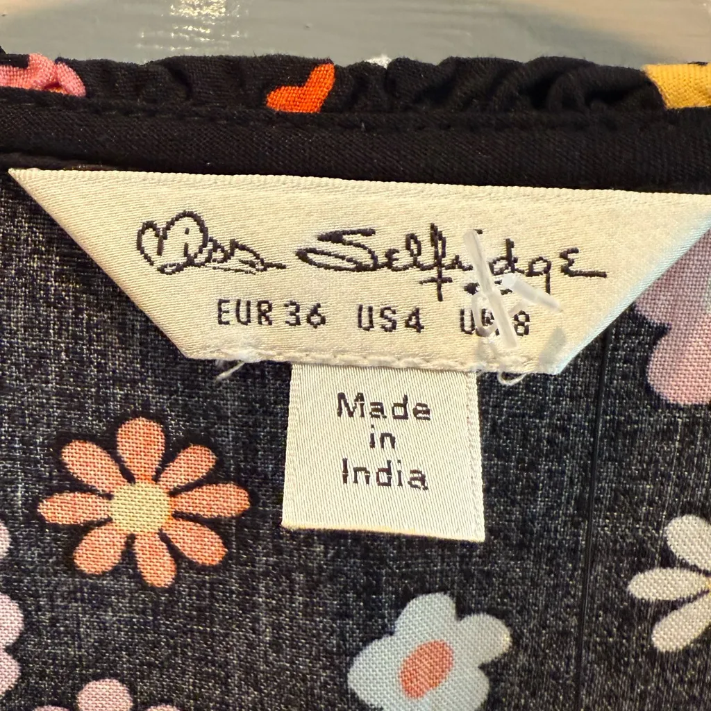 Miss Selfridge Frill Ruffle Wrap Mini Tea‎ Dress Retro Floral Black Size 4 - Image 5