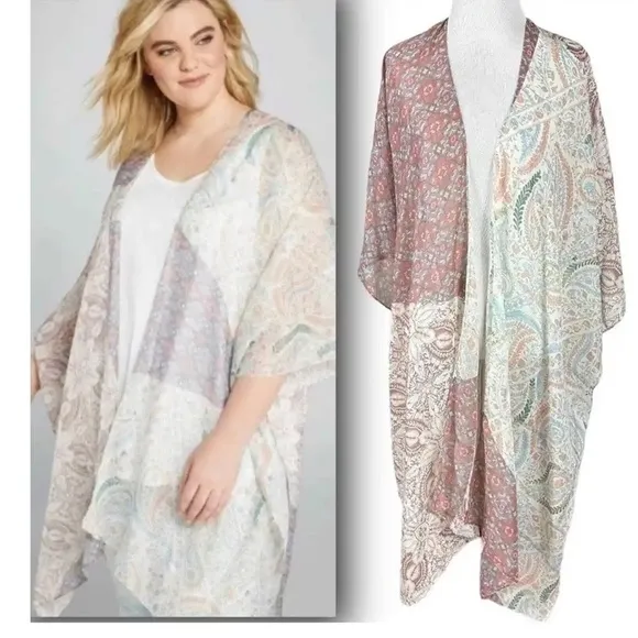 Lane Bryant Neutral Long Kimono Cover Up batik floral - Image 3