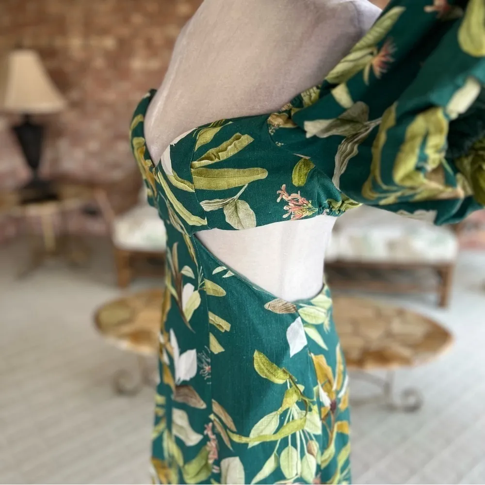 O.P.T. Callista Dress Maxi Floral Palm Off the Shoulder Linen Blend XS Party Mod Green - Image 10