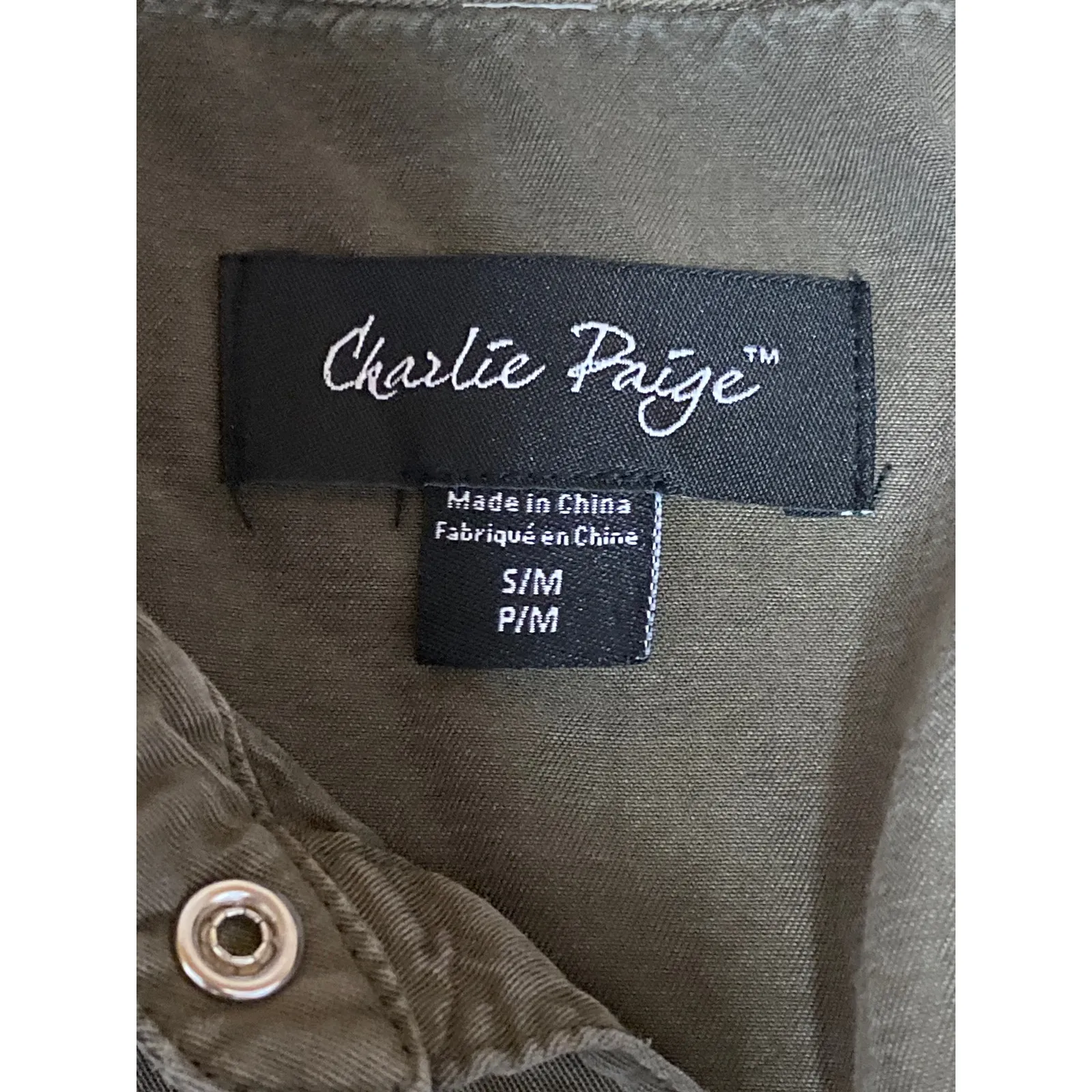 Charlie Paige Women's Olive Green 3/4 Sleeve Button Down Mini Shirt Dress Sz S - Image 5