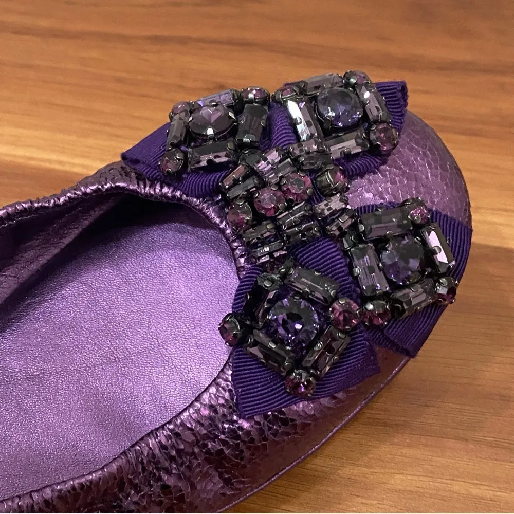 TORY BURCH Azalea Jeweled Bow Metallic Purple Ballerina Ballet Flats Size 8.5M - Image 15