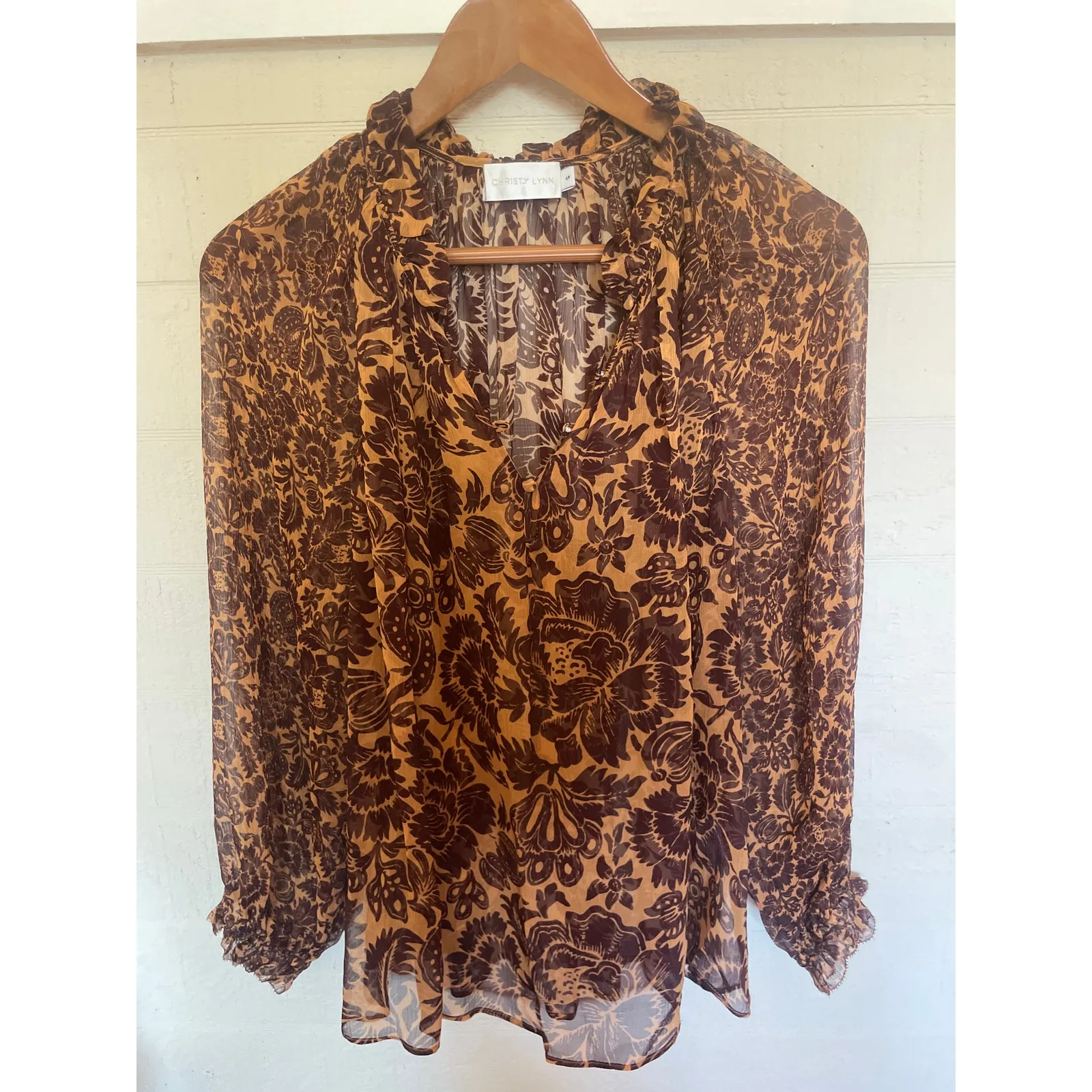 Revolve CHRISTY LYNN Karla Sheer Silk Blouse Top Shirt Small S Brown - Image 2