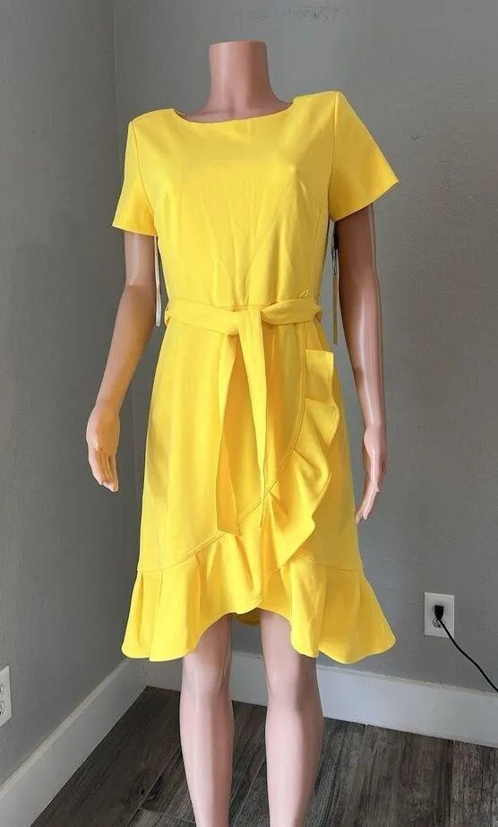 Calvin Klein Size 8 Short Sleeve Belted Ruffle Hem Wrap Mid Length Dress NEW - Image 15