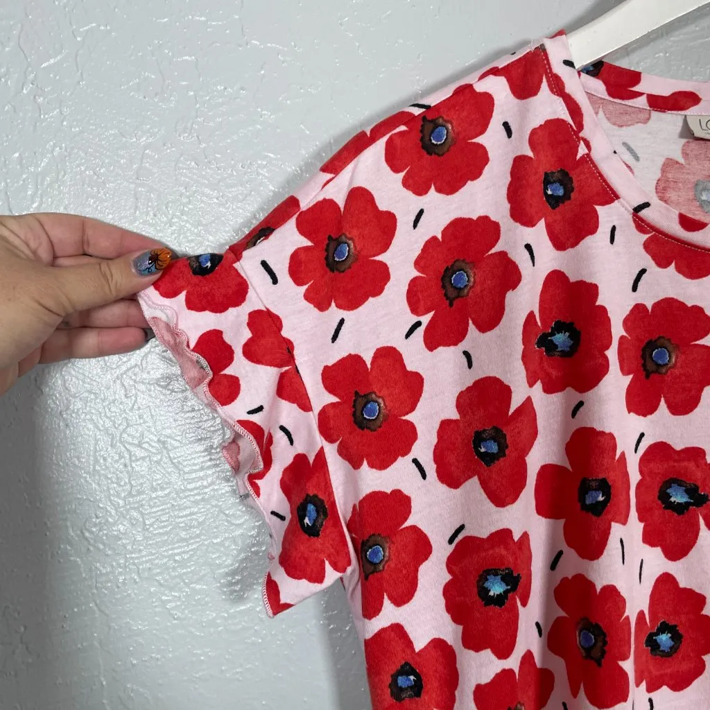 LOGO Lori Goldstein Women M Red Pink Floral Poppy Print Flutter Sleeve Shirt - Image 5