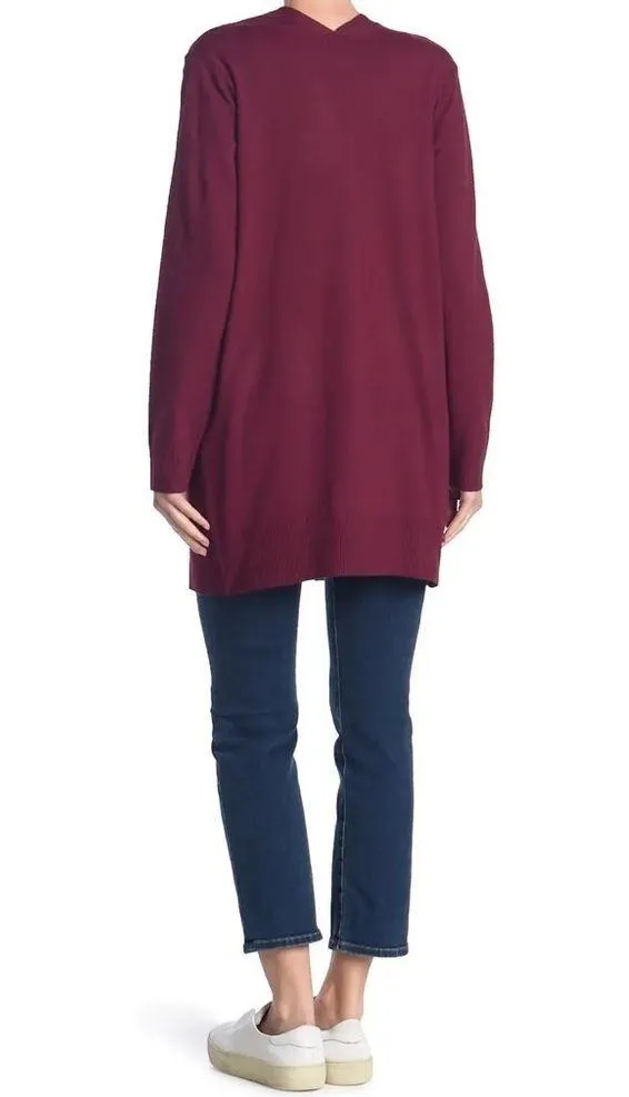 Sweet Romeo Open Drape Front Pocket Cardigan Wine Burgundy Sweater Fall Autumn - Image 2