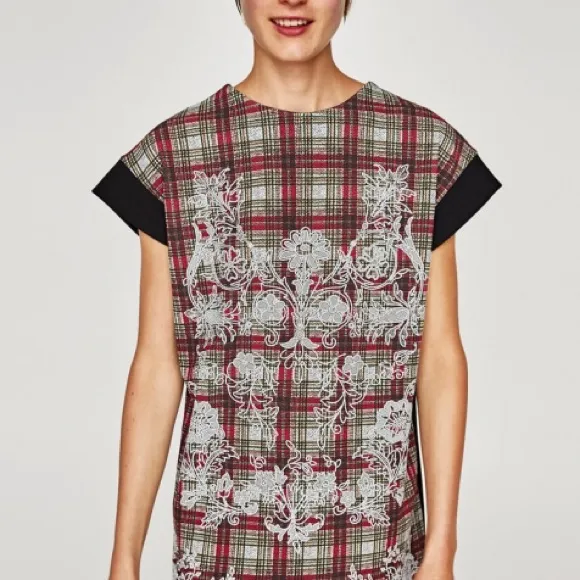 NWT ZARA Tweed Plaid Embroidered Sheath Dress - Image 5