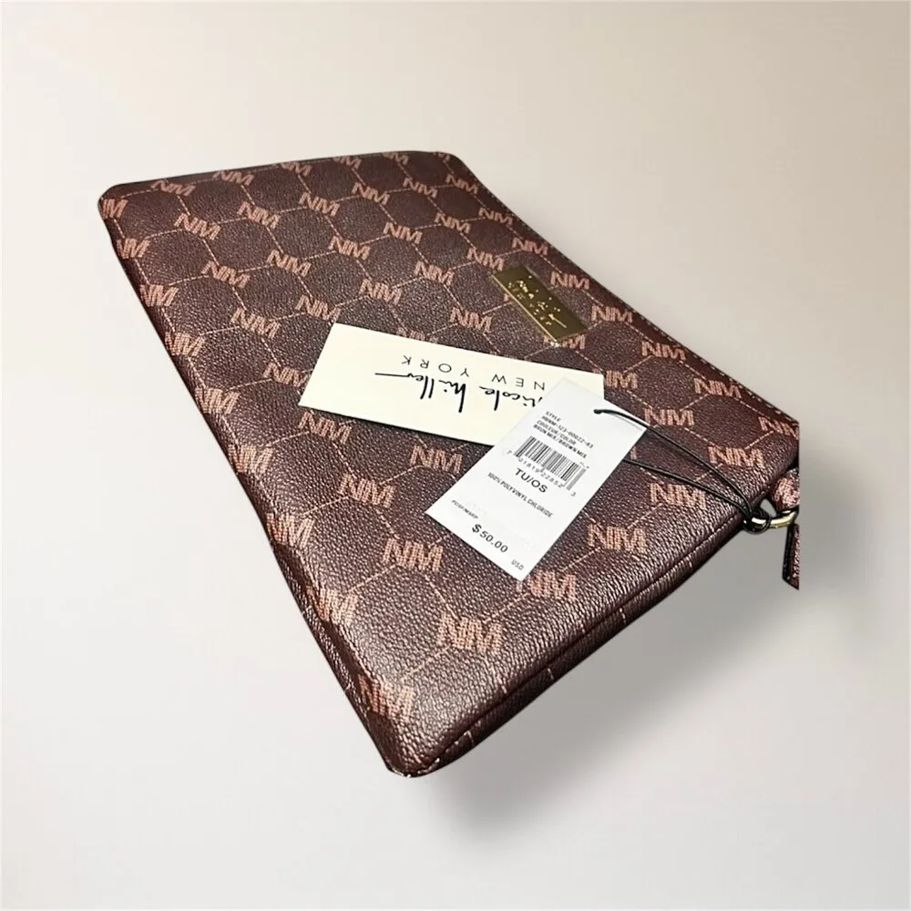 New Nicole Miller New York Brown Monogram Crossbody Bag Coin Purse Minimal Luxe - Image 2