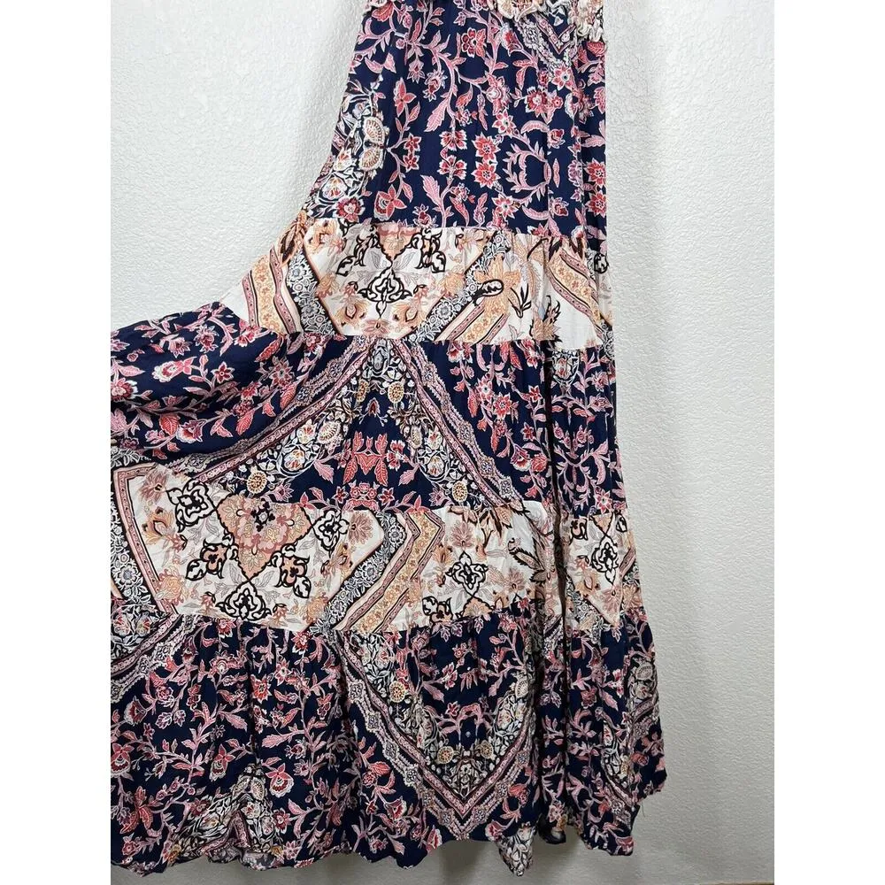 Abel The Label Maxi Dress Small Smocked Tie Straps Tiered Floral Boho Anthro - Image 4