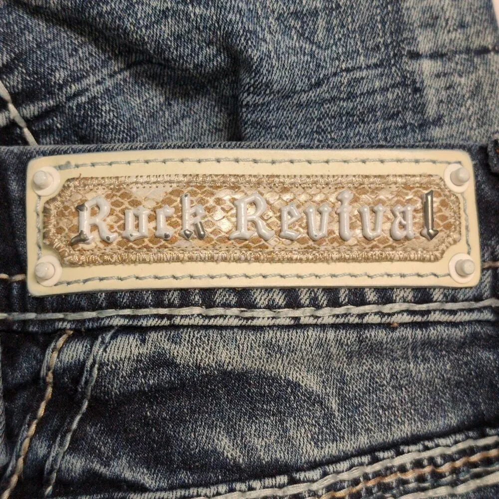 Rock Revival Blue Distressed Embroidered Rhinestone Agata Skinny Jeans Size 25 - Image 9