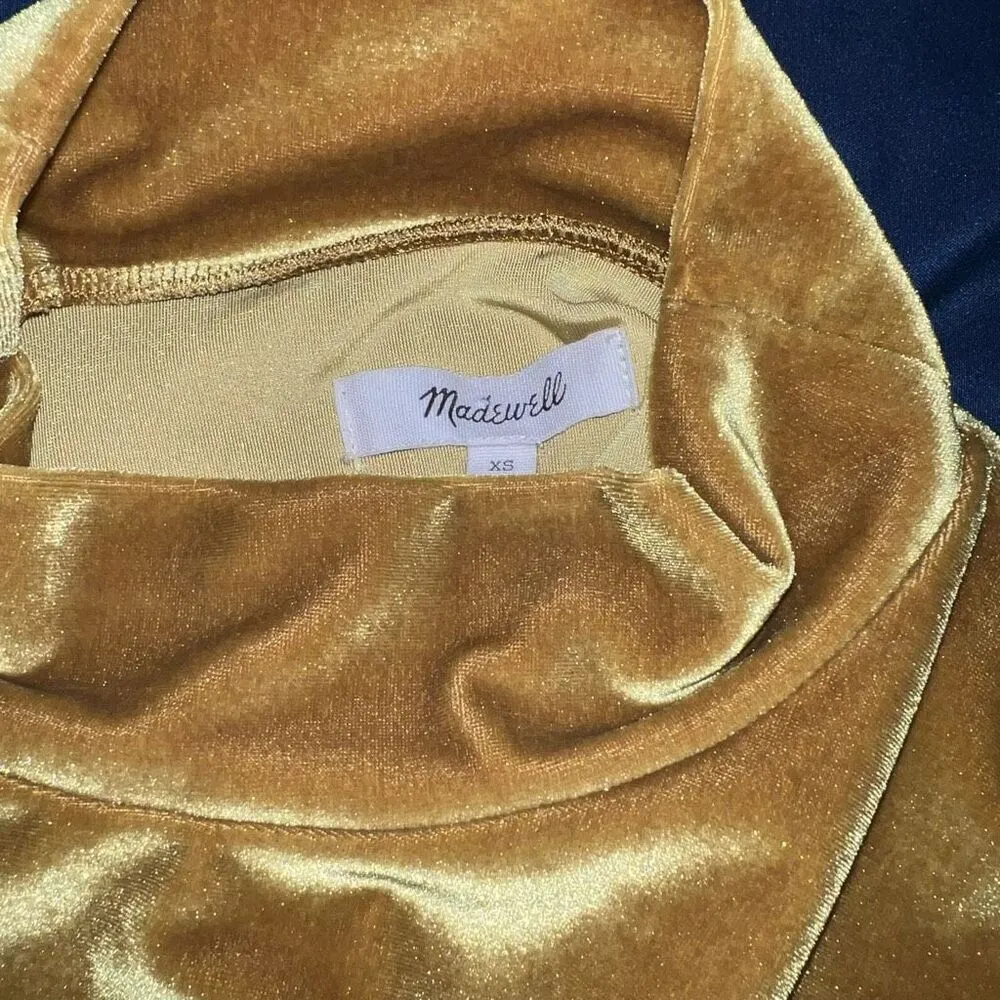 Madewell Velvet Mockneck Tee Short Sleeve Blouse Top in Mustard Golden Yellow si - Image 9