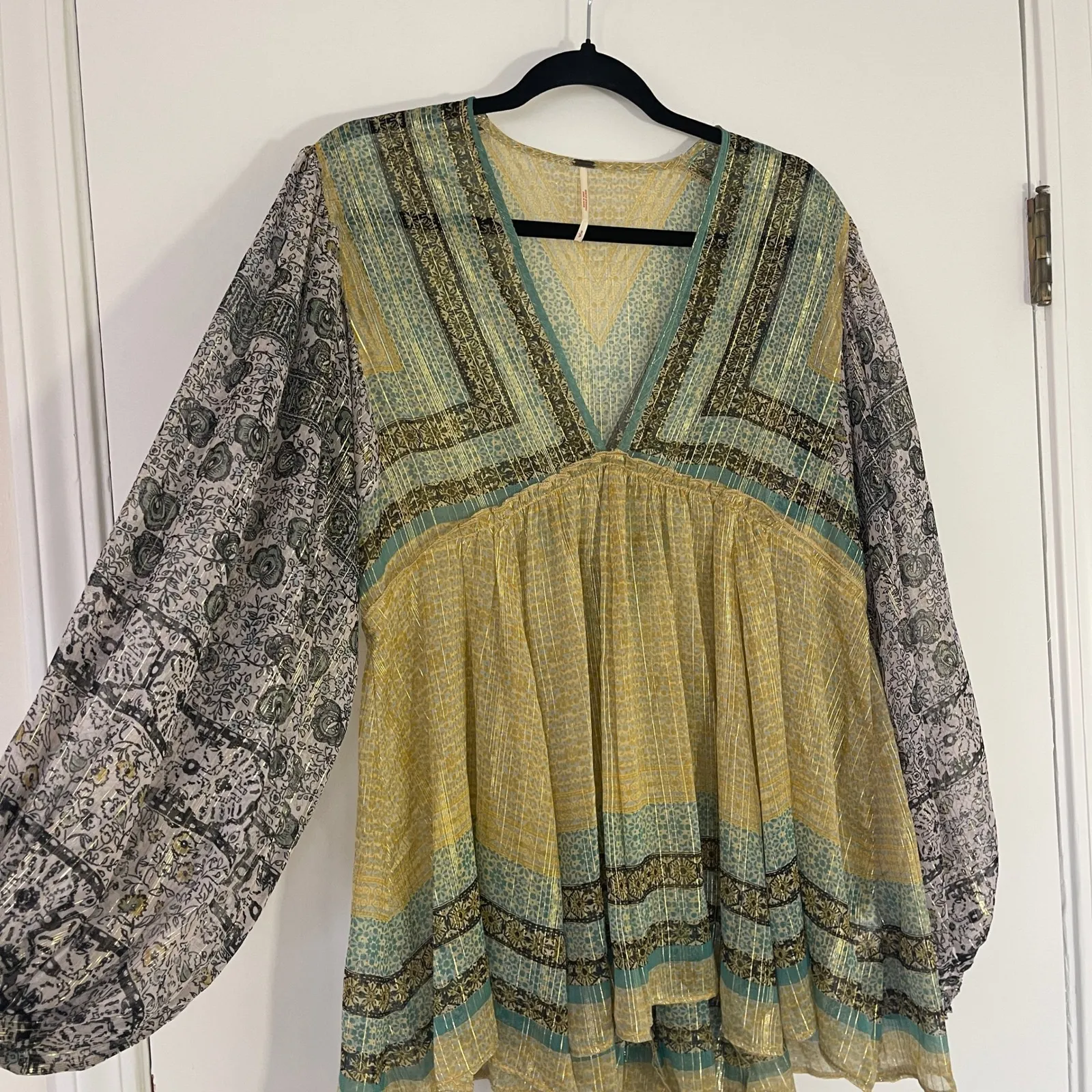 Free People Aliyah Boho Metallic Print Tunic Blouse Yellow Teal Gold Size Small - Image 3