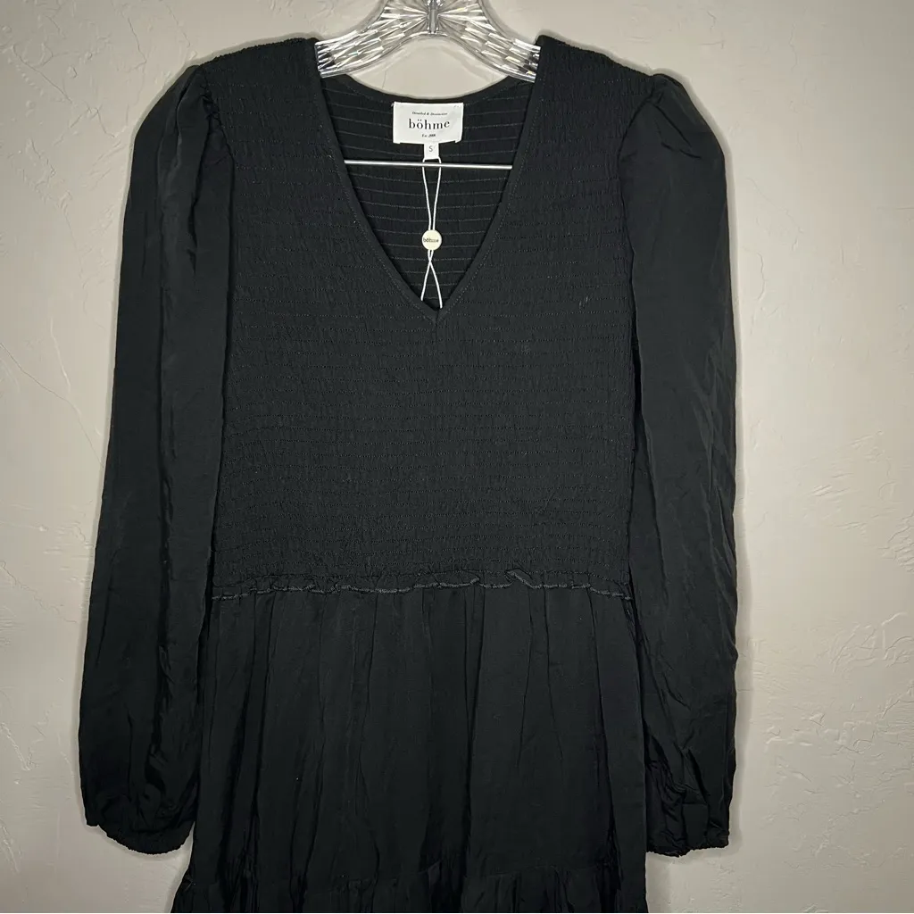 Bohme Black Tencel Smocked Tiered Long Sleeve V-Neck MIDI Dress - Image 3