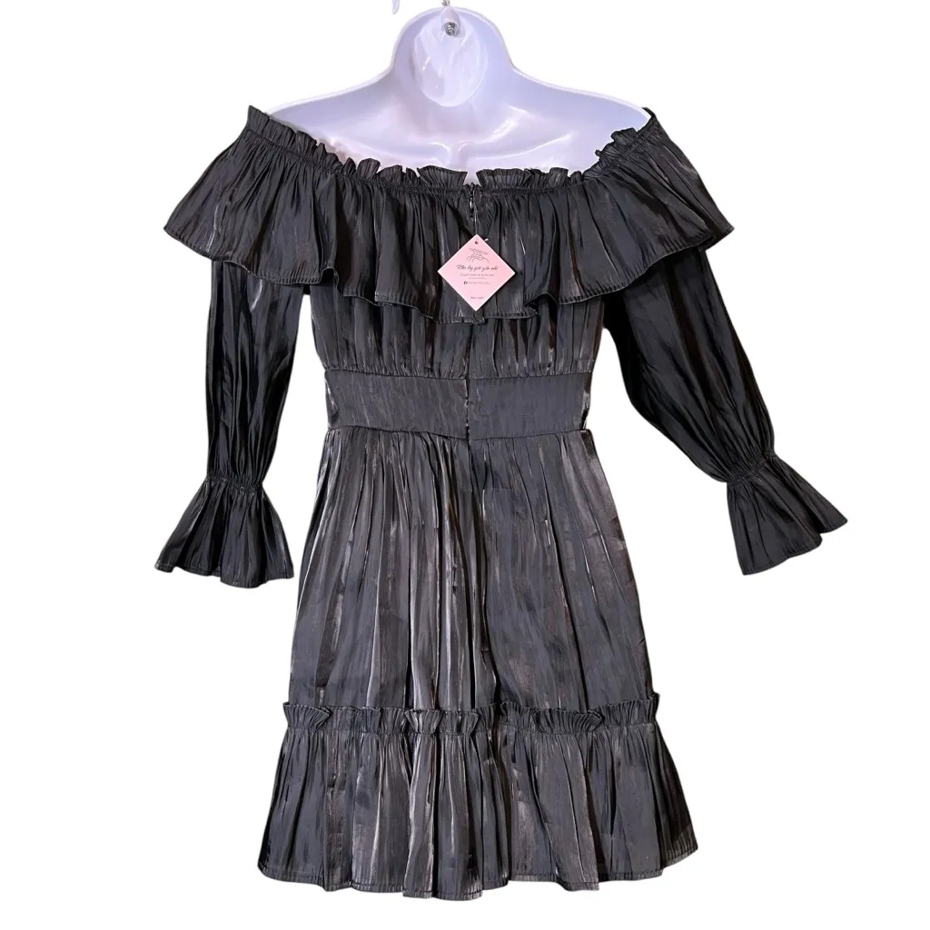 Vietnamese Mini Dress Off Shoulder Tiered Ruffle Long Sleeve Señorita Black Size XS - Image 3