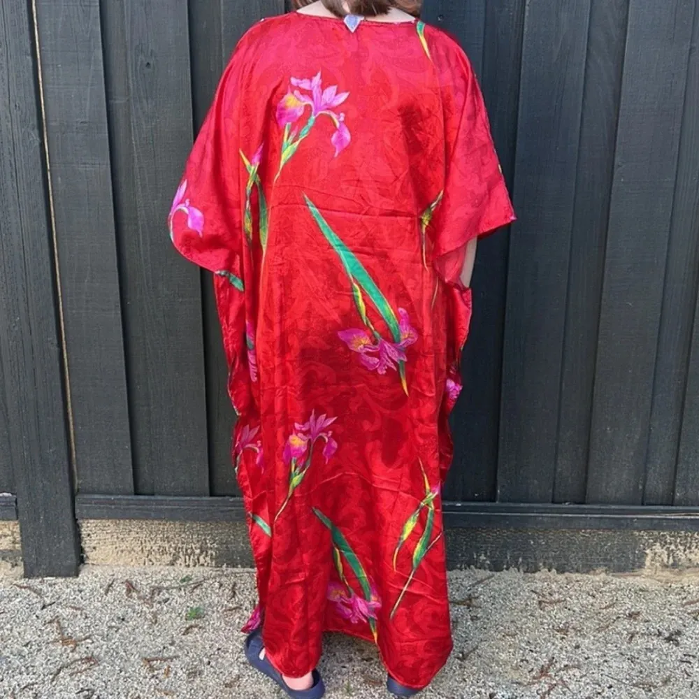 Red Satin Vintage Floral Kaftan Mumu dress Mrs Roper one size Size undefined - Image 11